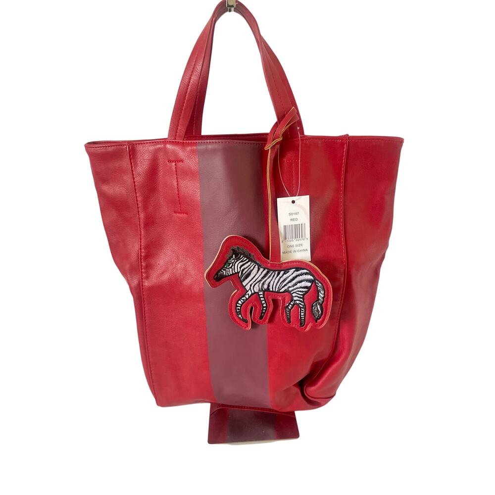 NWT Saks 5th Avenue Red Faux Leather Tote with Burgundy Stripe and Zebra Charm